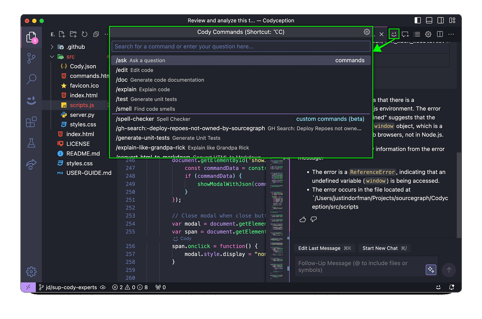  Chat: Access Cody commands from chat