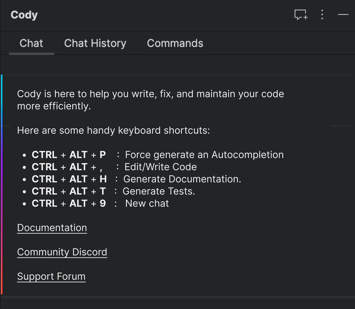 Welcome message with keyboard shortcuts