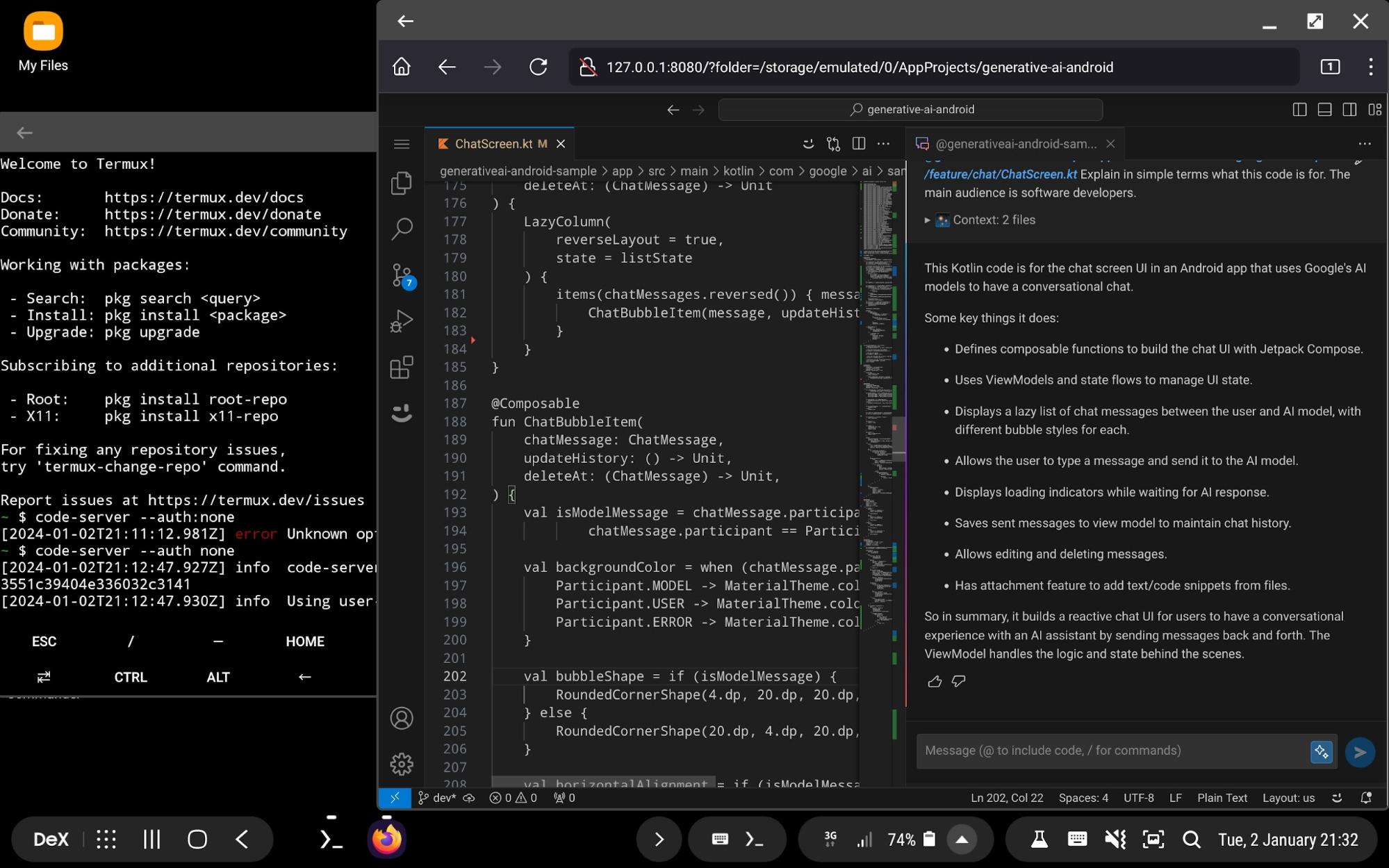 Screenshot of my tablet with Termux on the left and VS Code with Cody on the right