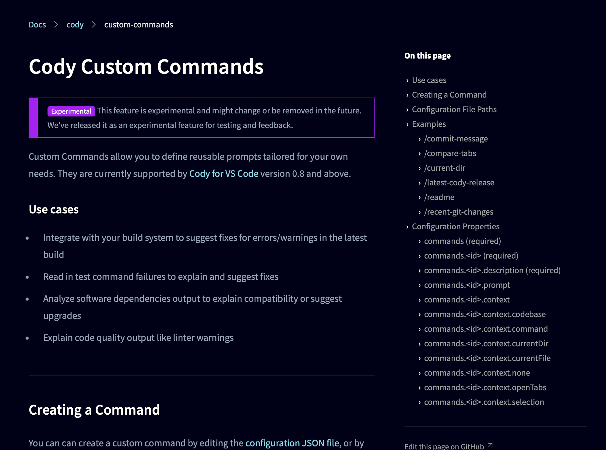 Screenshot of the new custom Commands documentation