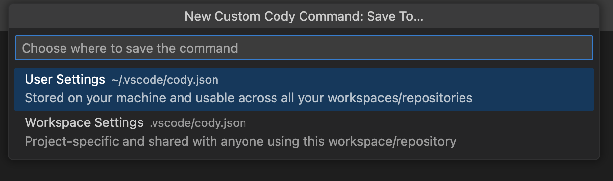Screenshot of the New Custom Command menu save location
