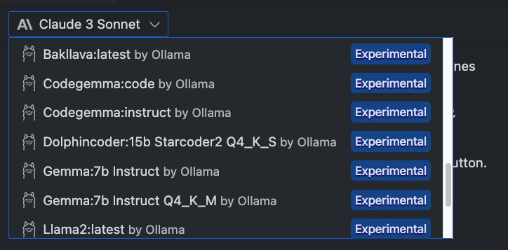Cody's model selector with Ollama options