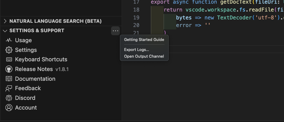 debugging options in the settings