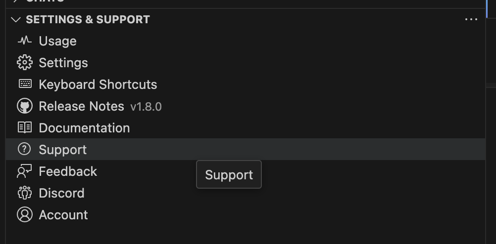 Support link in the settings panel