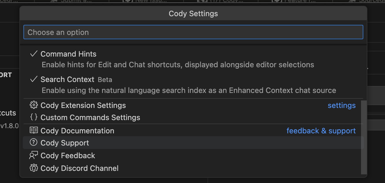 Support link in the Cody settings panel