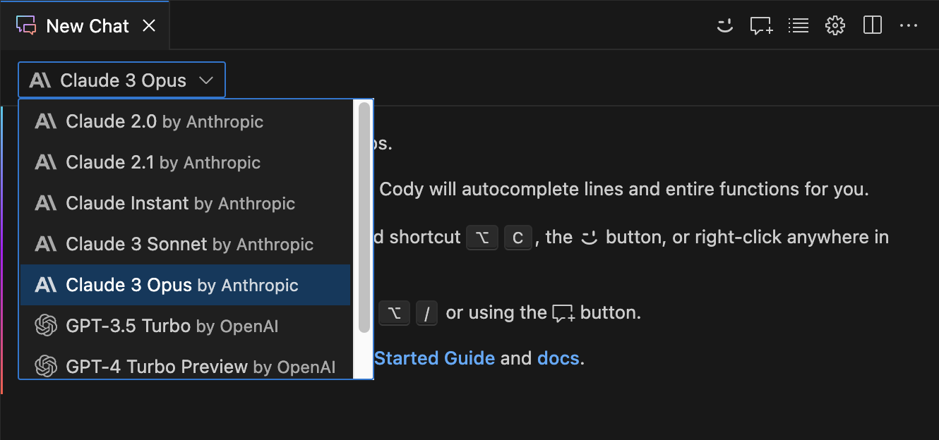 Choosing Claude 3 Opus in Cody for VS Code Chat