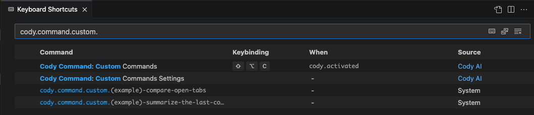 Setting custom command keybindings in Cody for VS Code