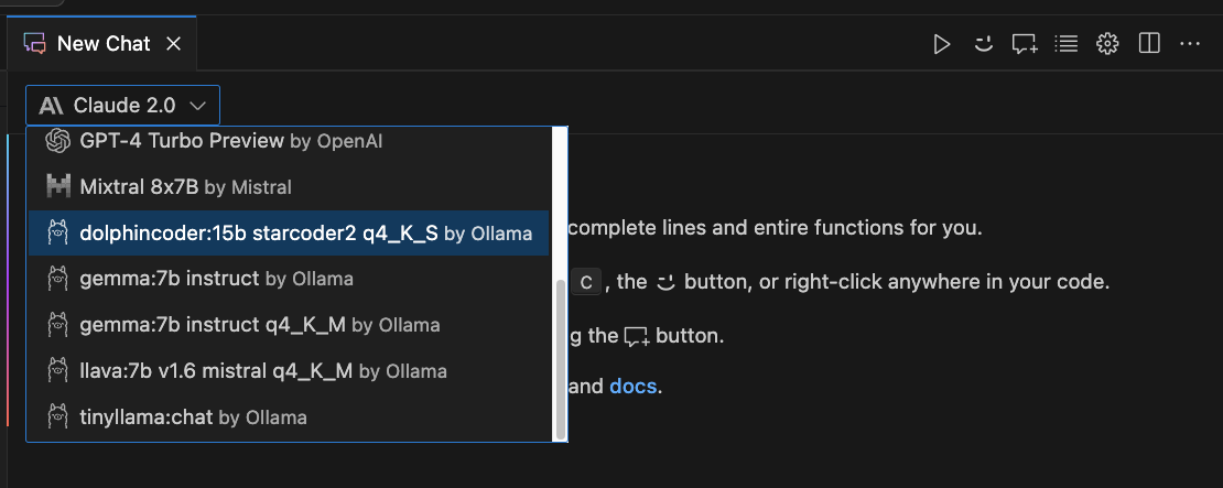 Choosing an Ollama model in Cody for VS Code Chat