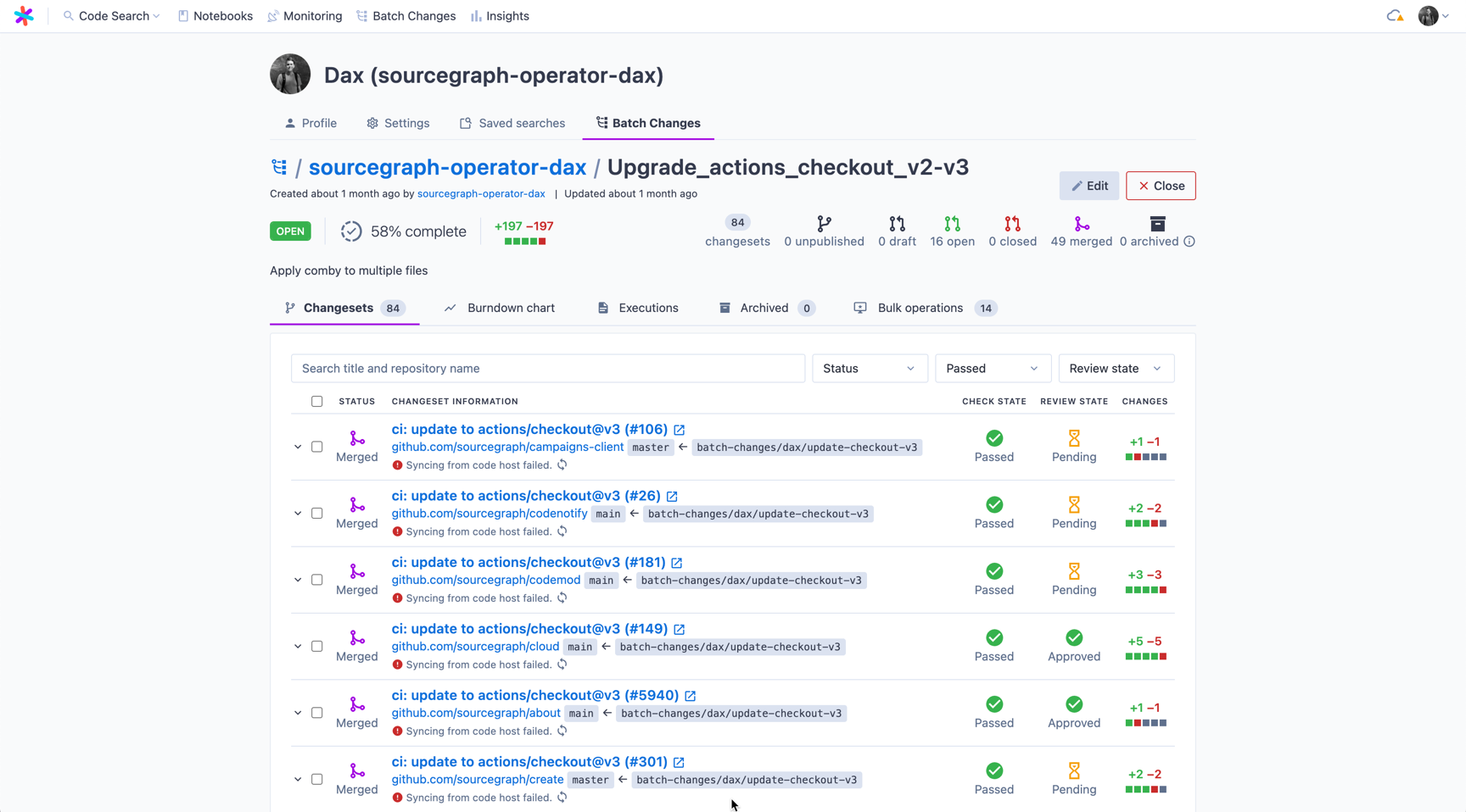 Sourcegraph UI showing change sets for a batch change