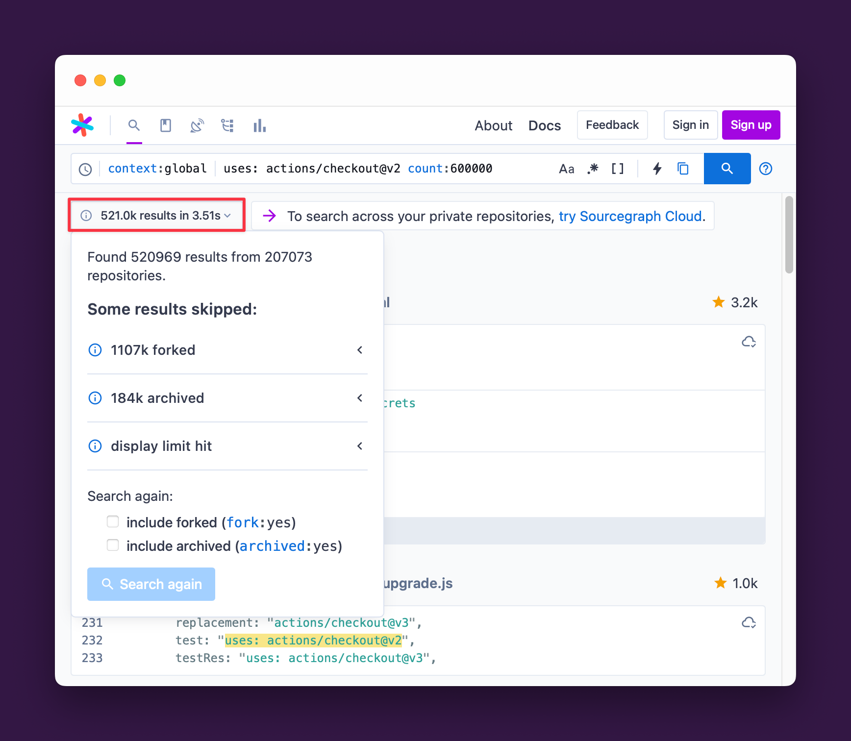 Screenshot of Sourcegraph interface showing search results for files containing "uses: actions/checkout@v2". The result count, 521.0k, is highlighted.