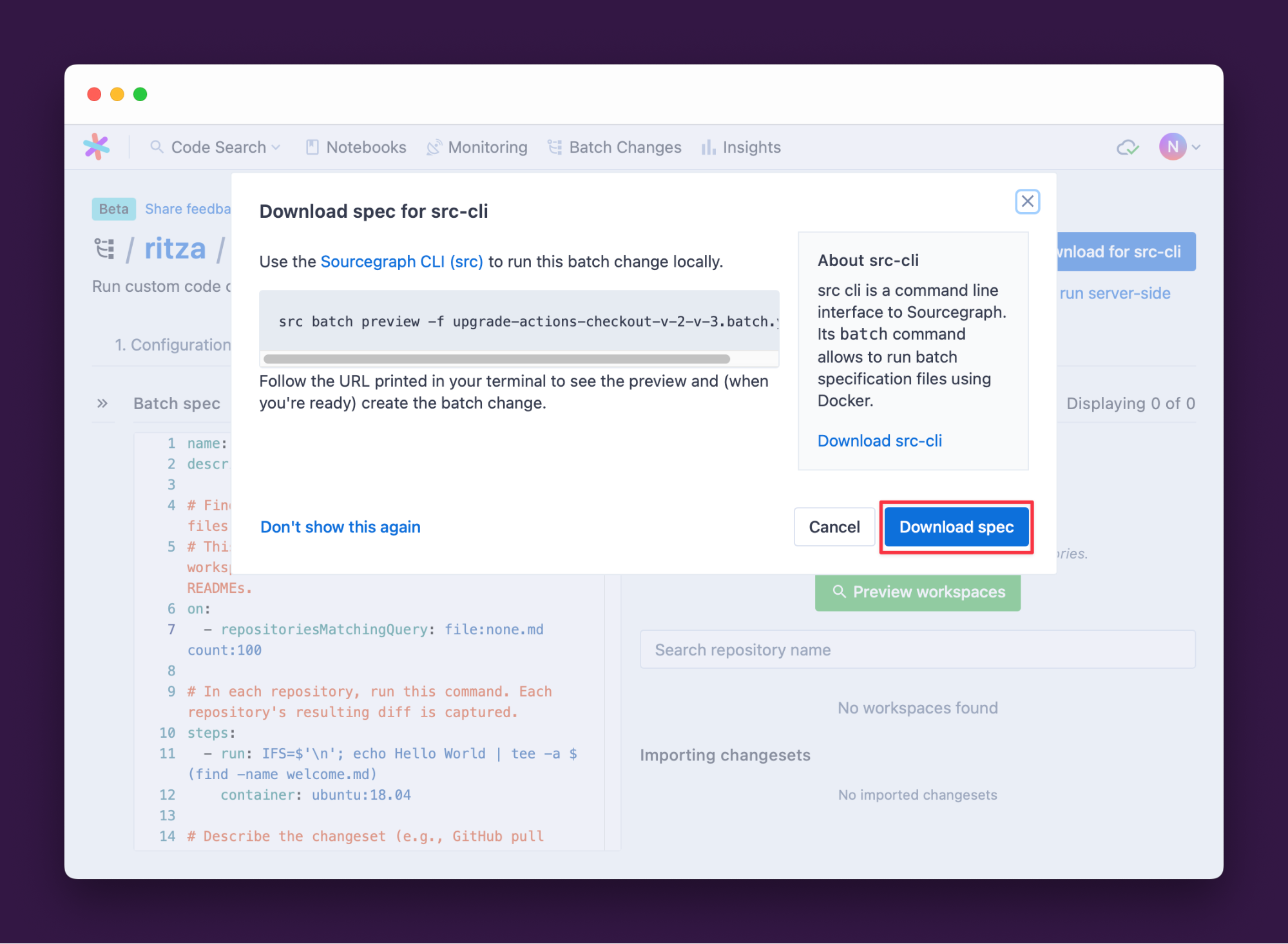 Sourcegraph UI with the Download spec button highlighted