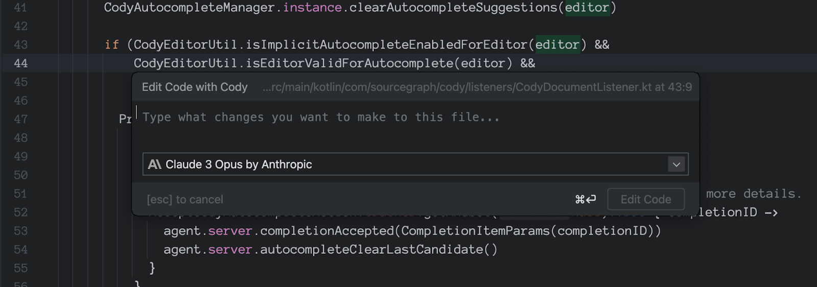 Figure 2: Inline Editing with Cody in JetBrains