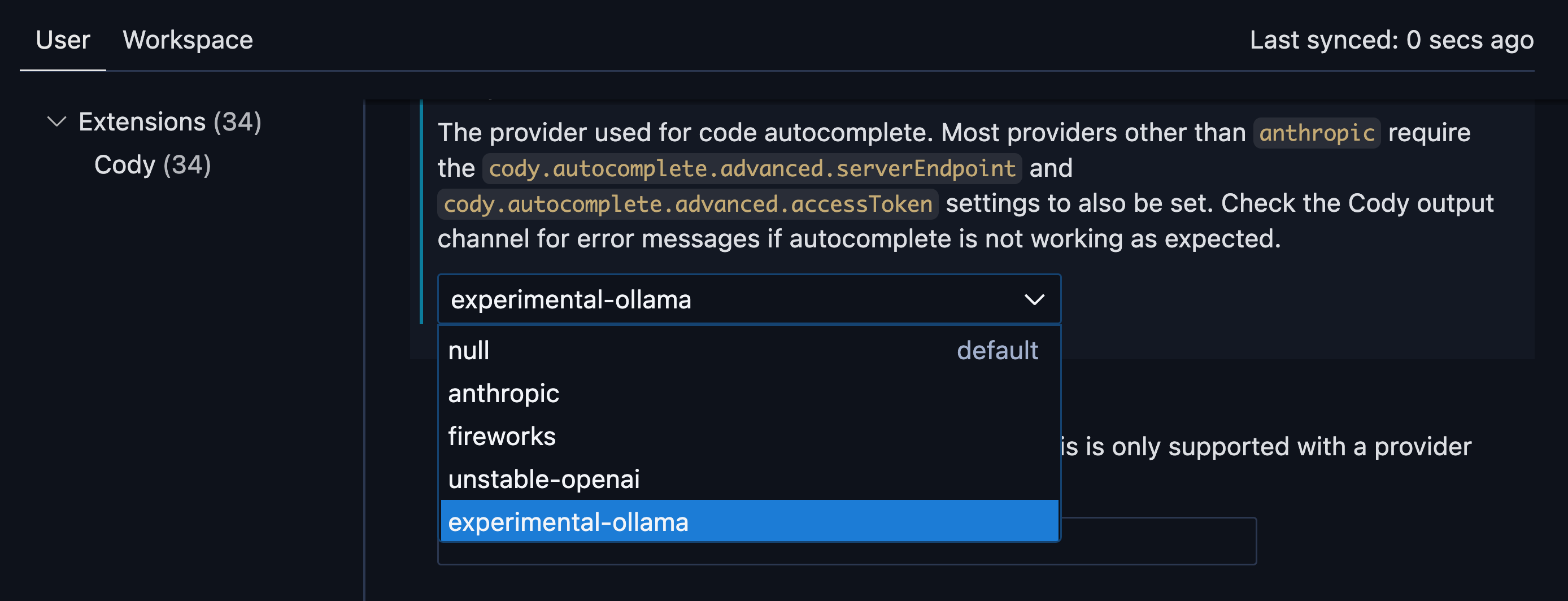 Cody extension settings