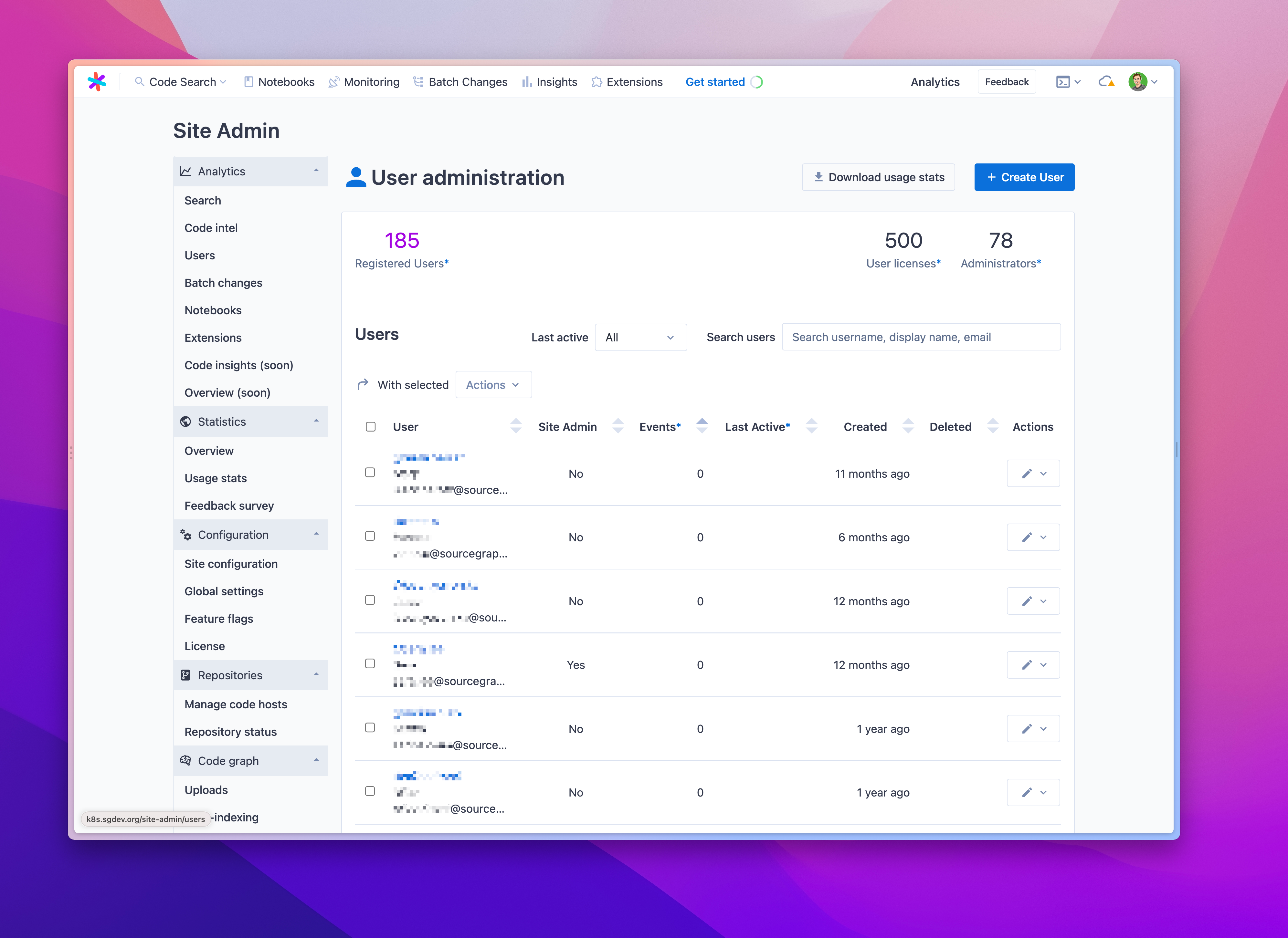 User administration page