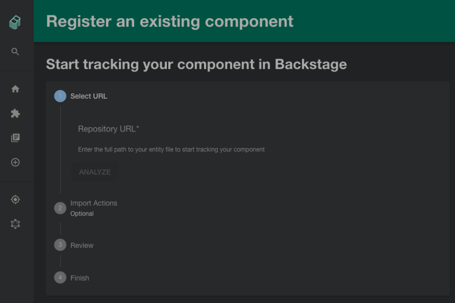 Screenshot of the backstage catalog component registration UI