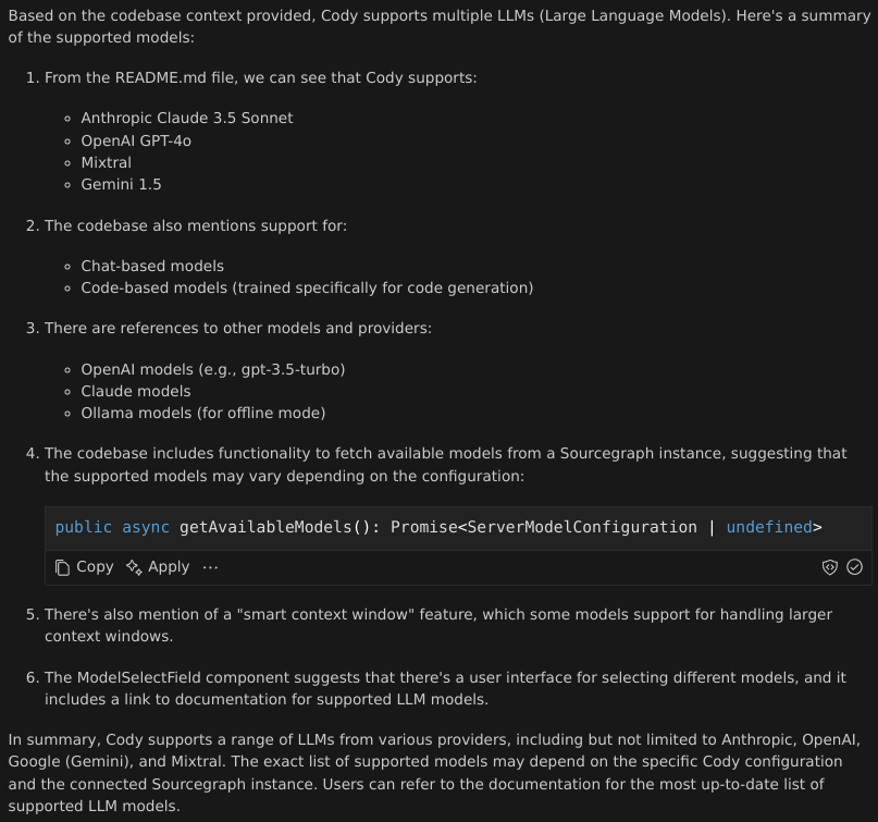 Answer to what LLMs does Cody support with 10k context window