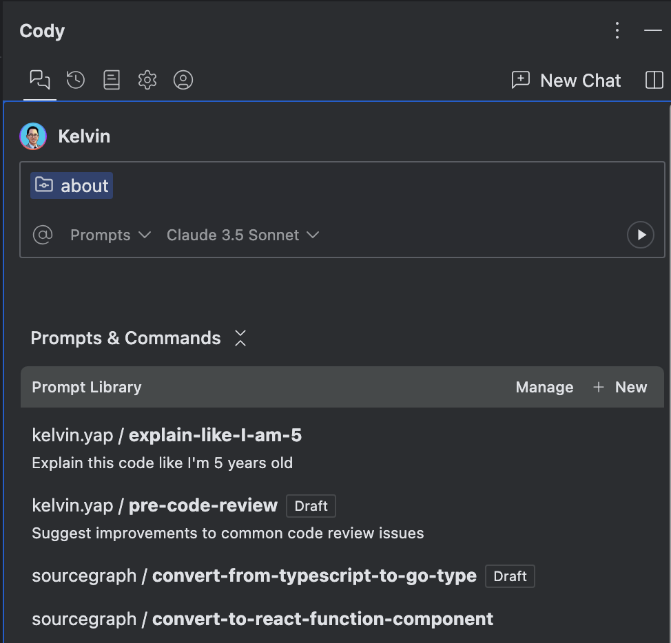 Prompts appear underneath chats in Cody