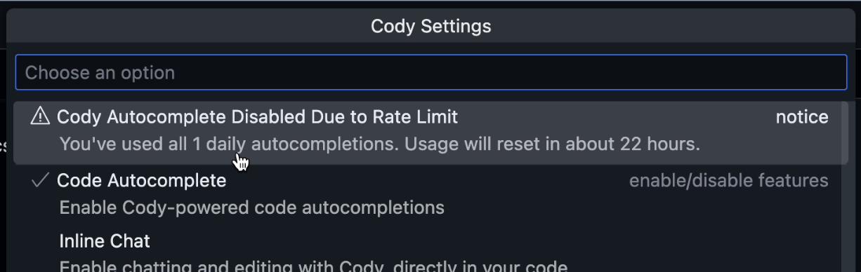 Screenshot of Cody v0.10 showing an autocomplete warning