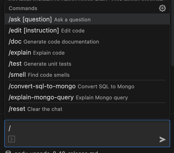 Screenshot of Cody v0.10 chat view command popover
