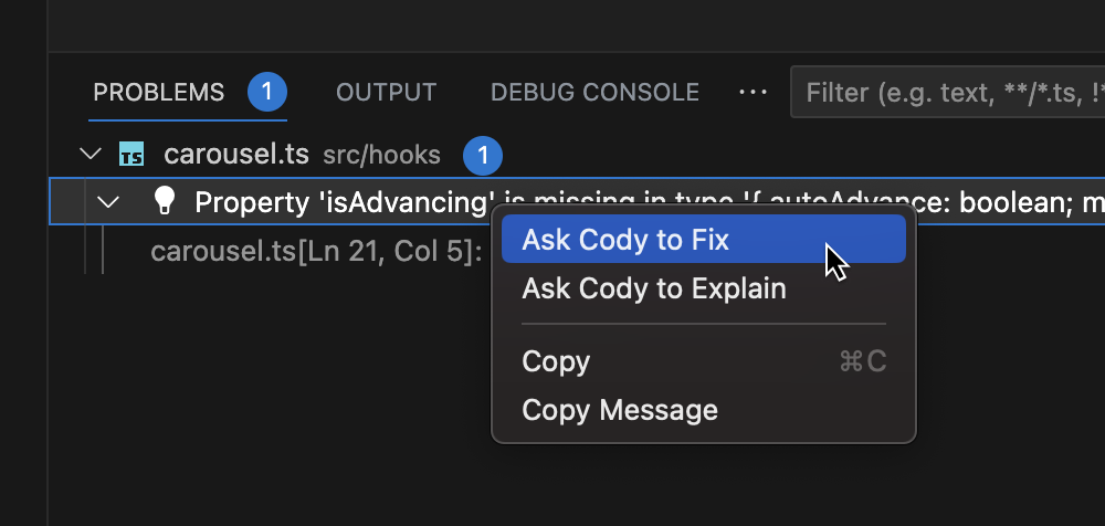 Screenshot of new Cody v0.8 Code Actions support in the problems tab