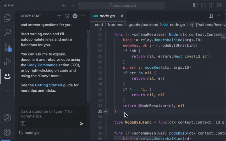 Example of Cody chat. You see the user ask Cody to describe what a file does, and Cody returns an answers that explains how the file is working in the context of the project.