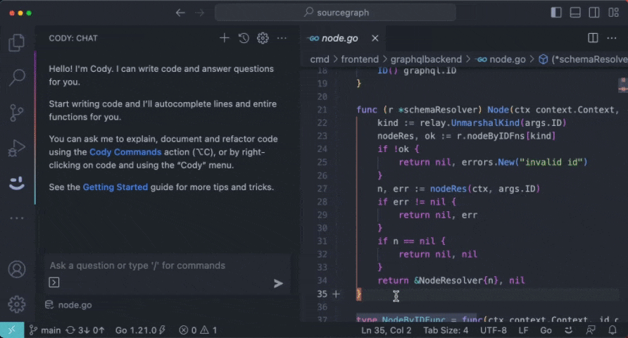 Example of the Cody 'Explain Code' command. The user highlights a section of code, then uses the hotkey to open the commands menu, then selects the command.