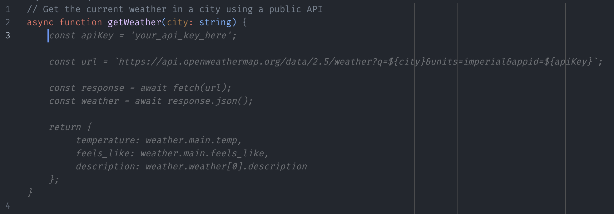 Example of Cody completions. You see a code snippet starting with async function getWeather(city: string) { and Cody response with a multi-line suggestion using a public weather API to return the current weather 