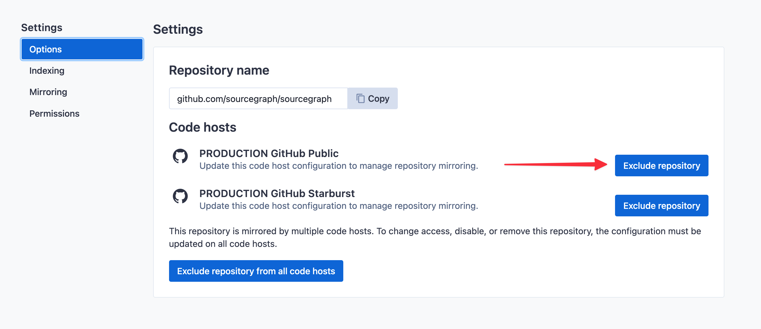 Exclude repository from code host