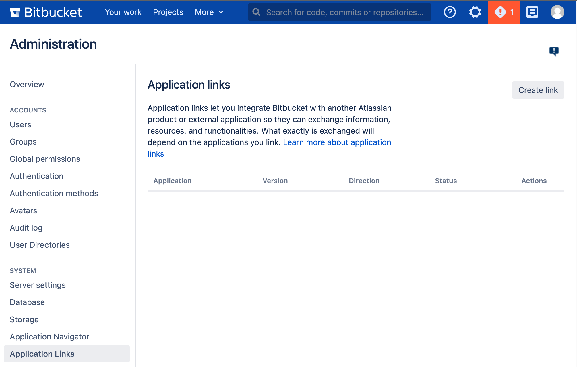 Screenshot of Bitbucket Application Links page.