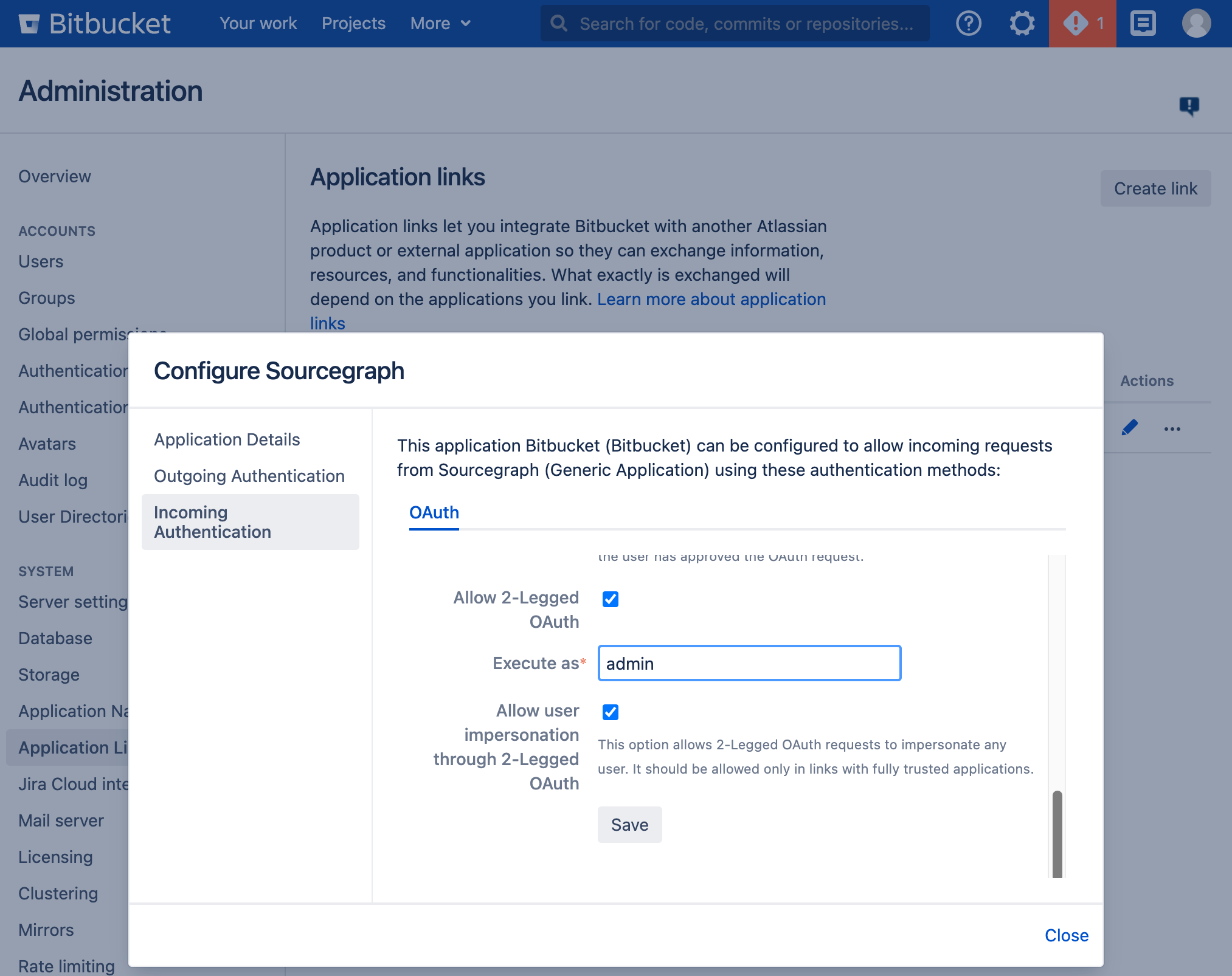 Screenshot of last part of Bitbucket Edit Link form.