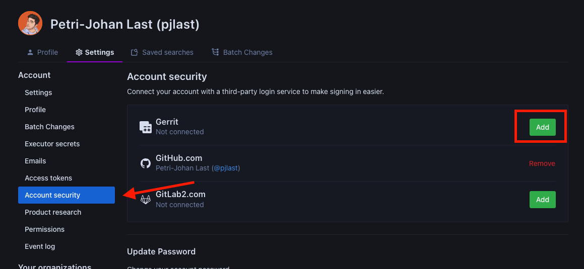 A user's Account security page