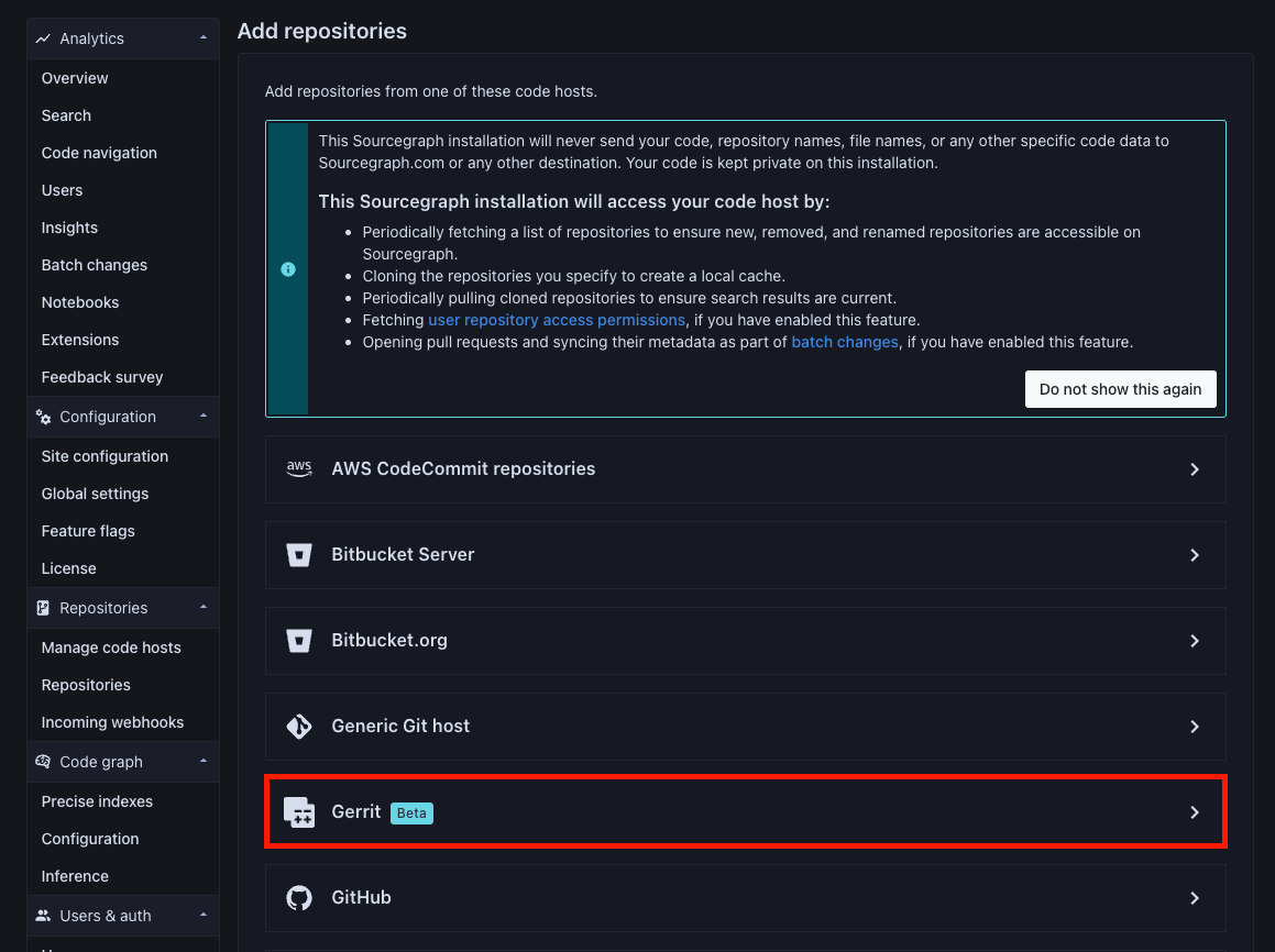 Gerrit as a code host option in the list