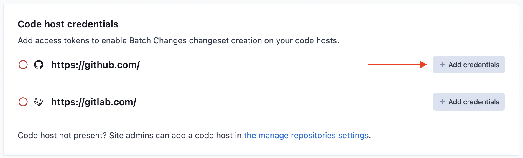 List of code hosts with an arrow pointing to add credential