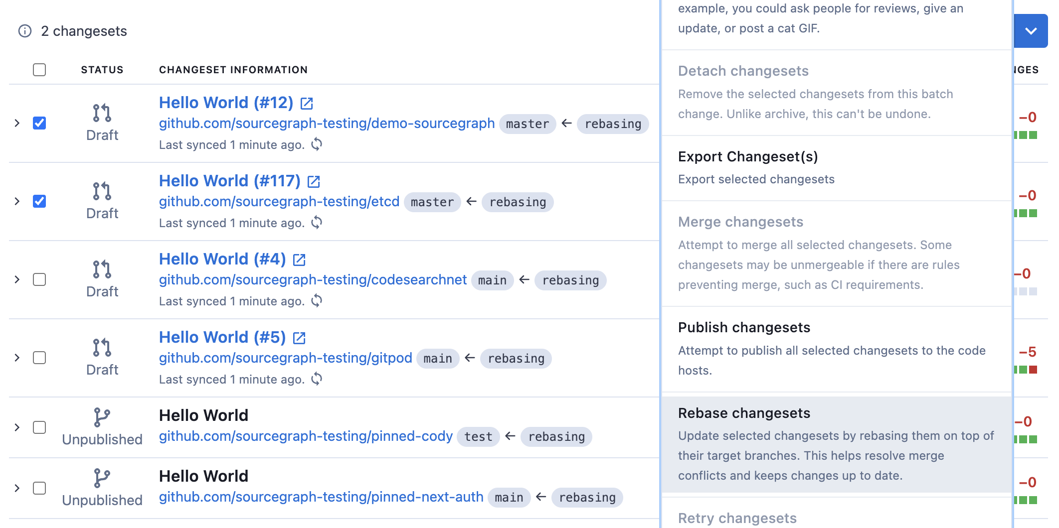 List of changesets and dropdown overlay