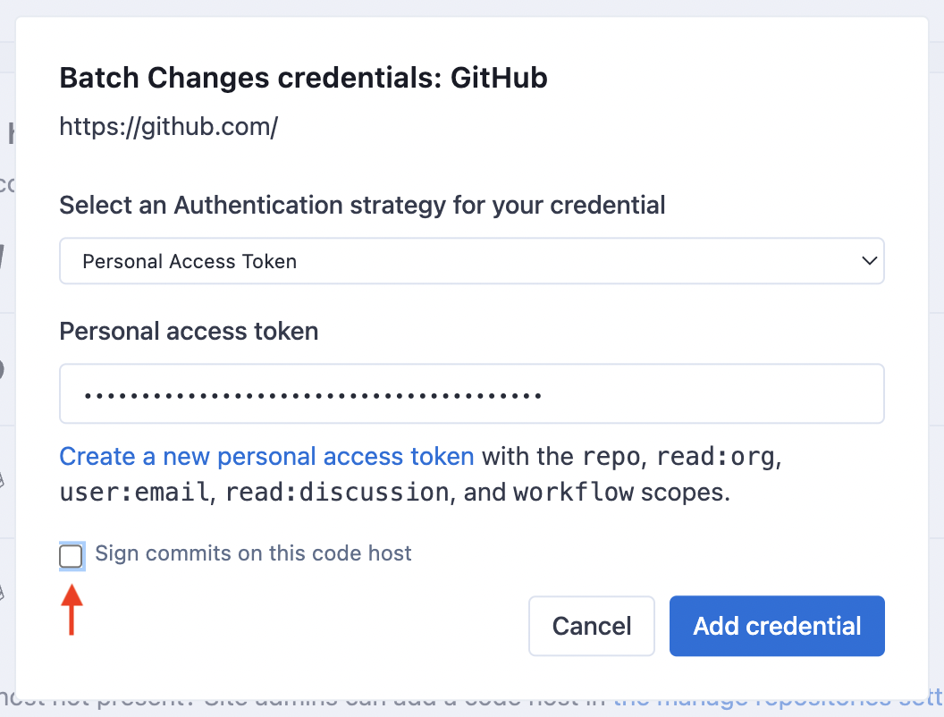 The modal for adding a credential with an arrow pointing to the checkbox for commit signing