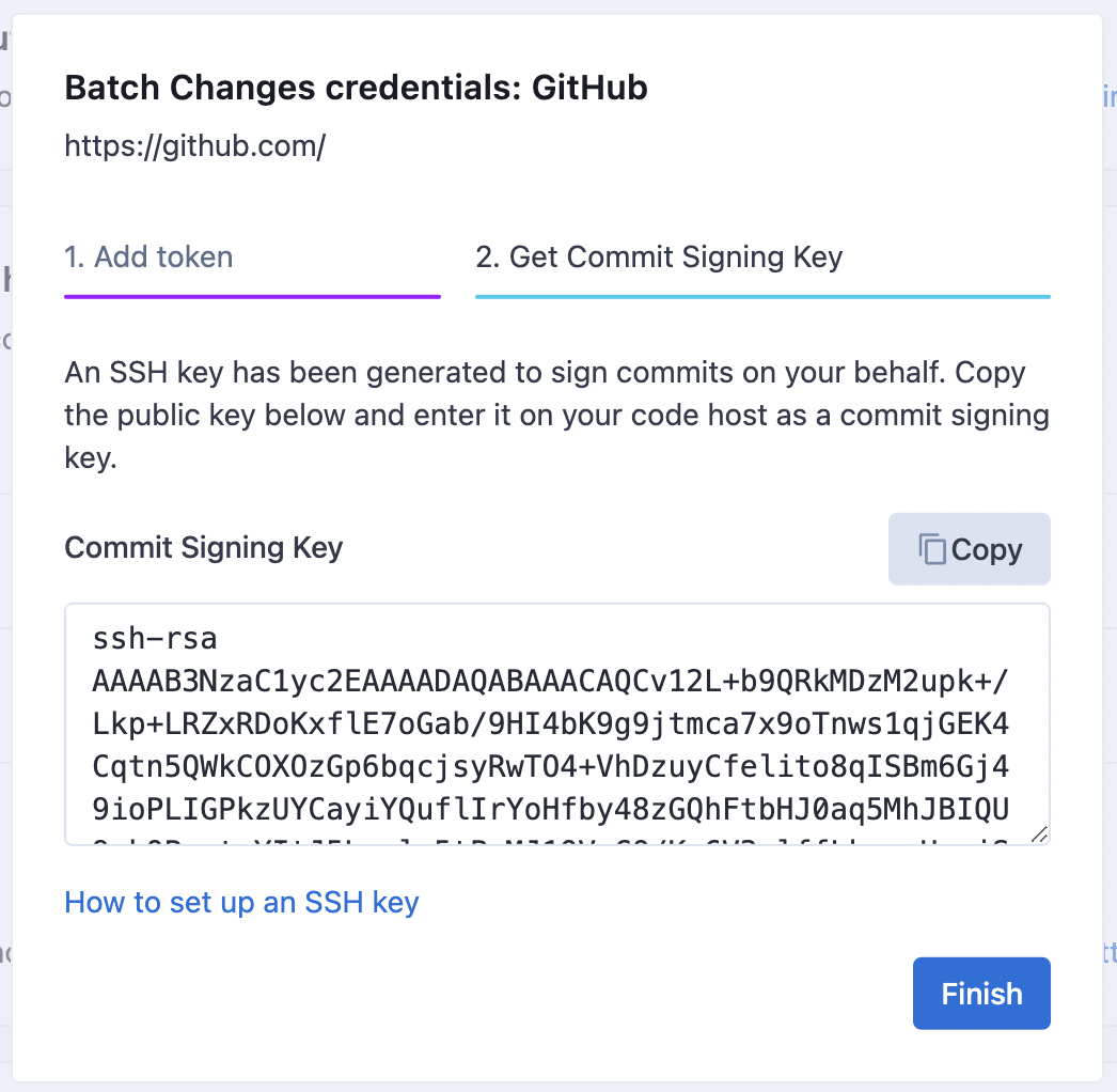 The modal displays the ssh key used for commit signing