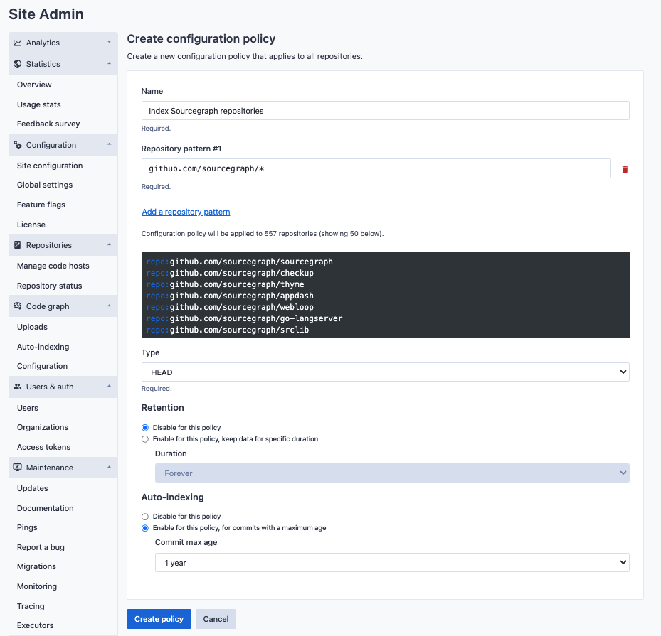 Global auto-indexing policy with repository patterns configuration edit page