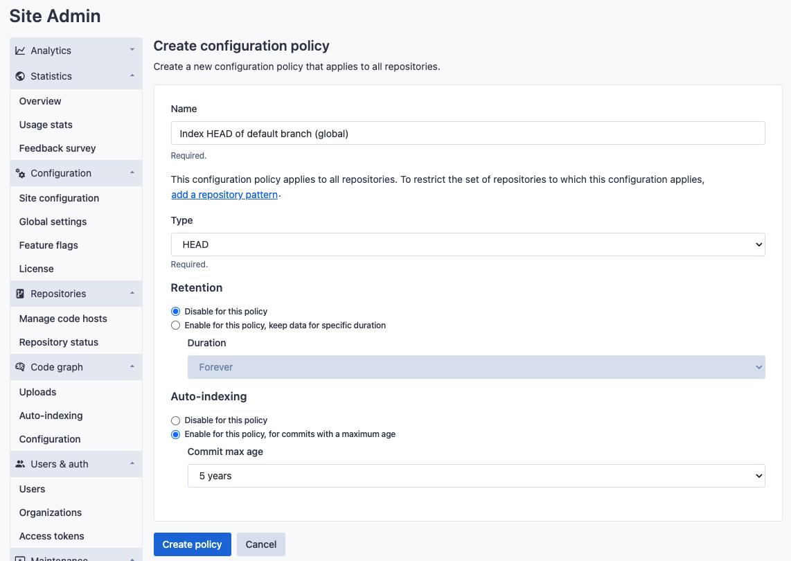 Global auto-indexing policy configuration edit page