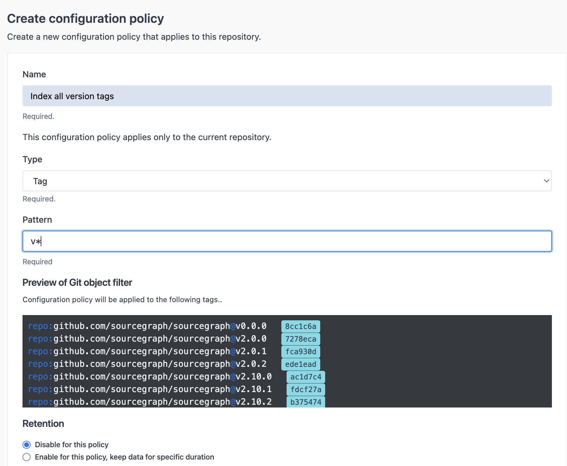 Repository-specific auto-indexing policy configuration edit page