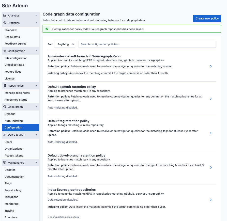 Global auto-indexing policy with repository patterns configuration created confirmation