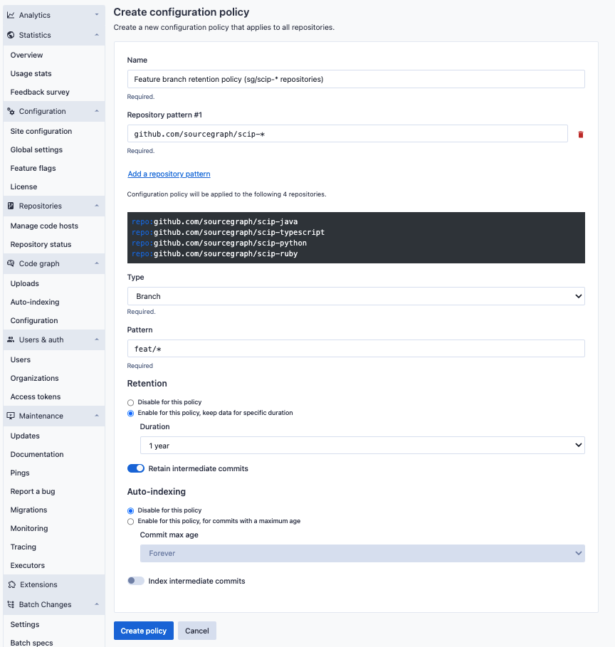 Global data retention policy with repository patterns configuration edit page