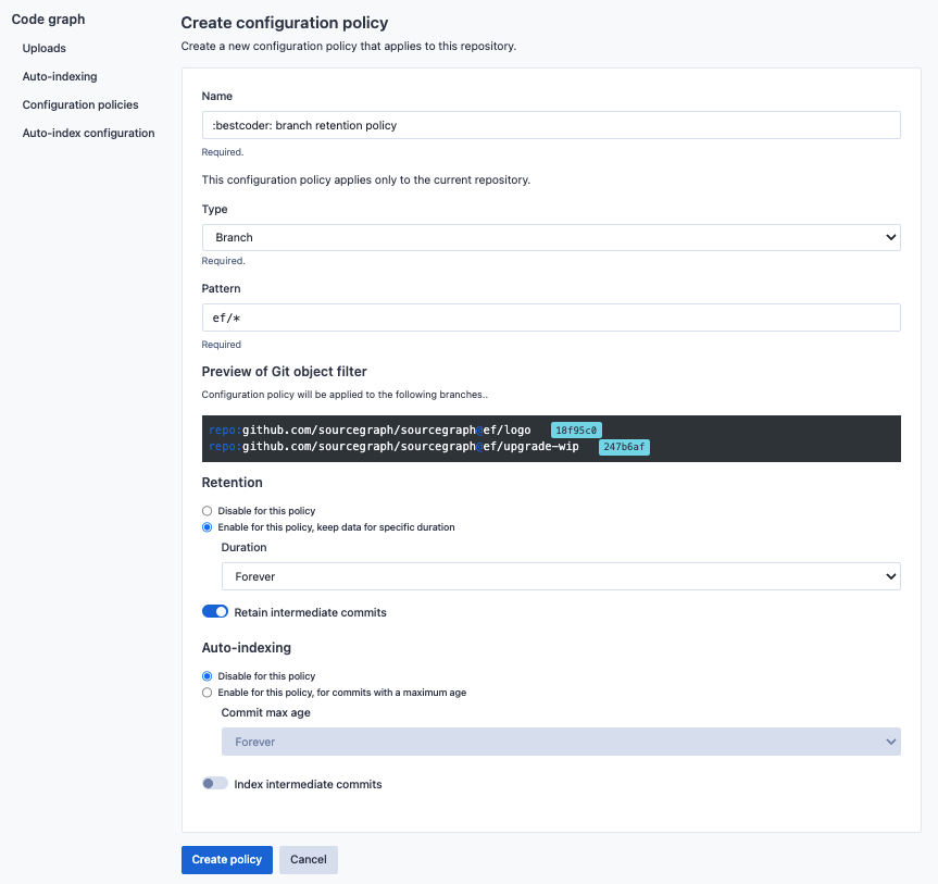 Repository-specific data retention policy configuration edit page