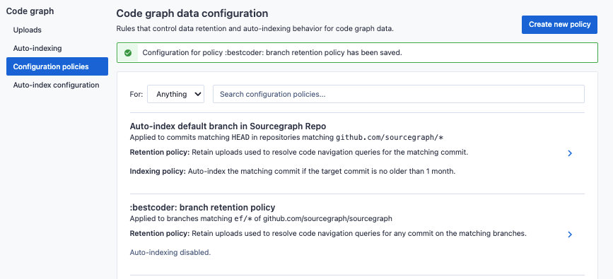 Repository-specific data retention policy configuration created confirmation