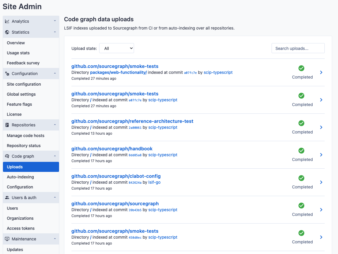 Global list of code graphd data uploads across all repositories