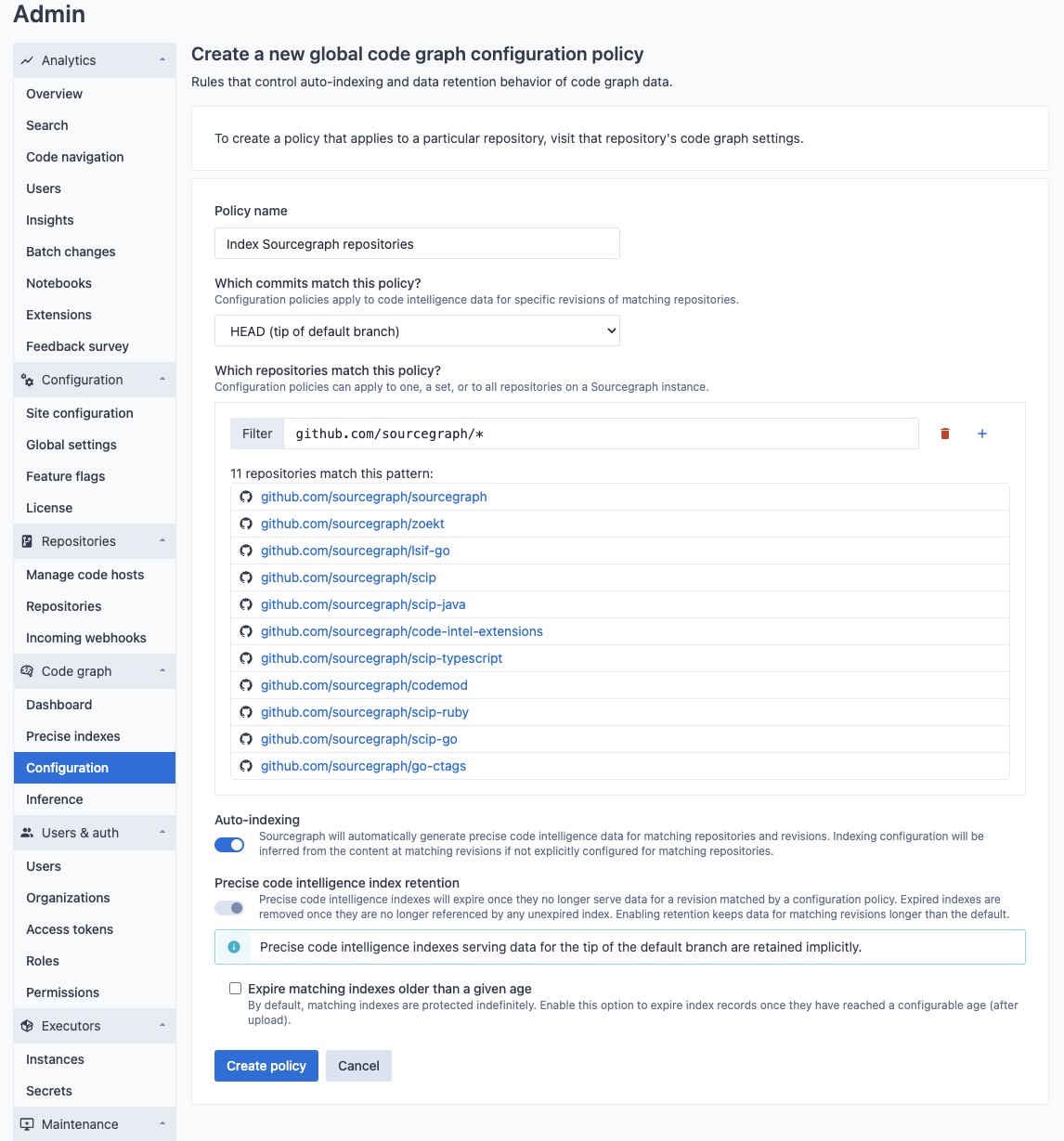 Global auto-indexing policy with repository patterns configuration edit page