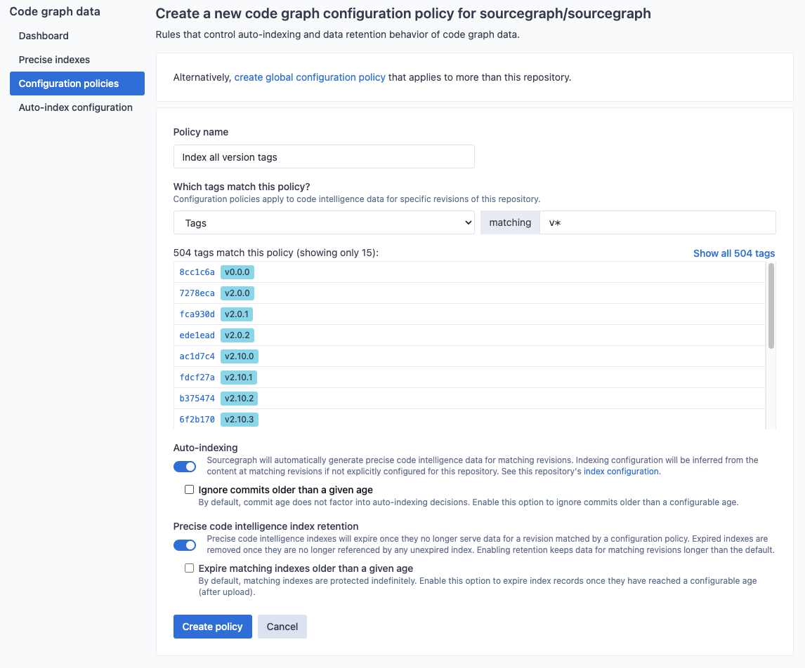 Repository-specific auto-indexing policy configuration edit page