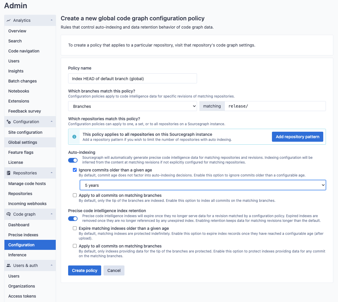 Global auto-indexing policy configuration edit page