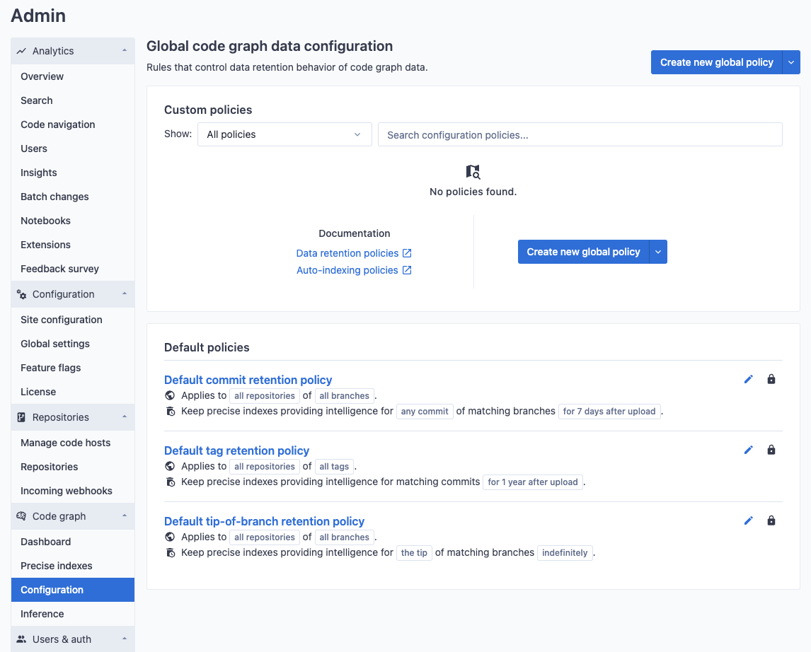 Global data retention policy configuration list page