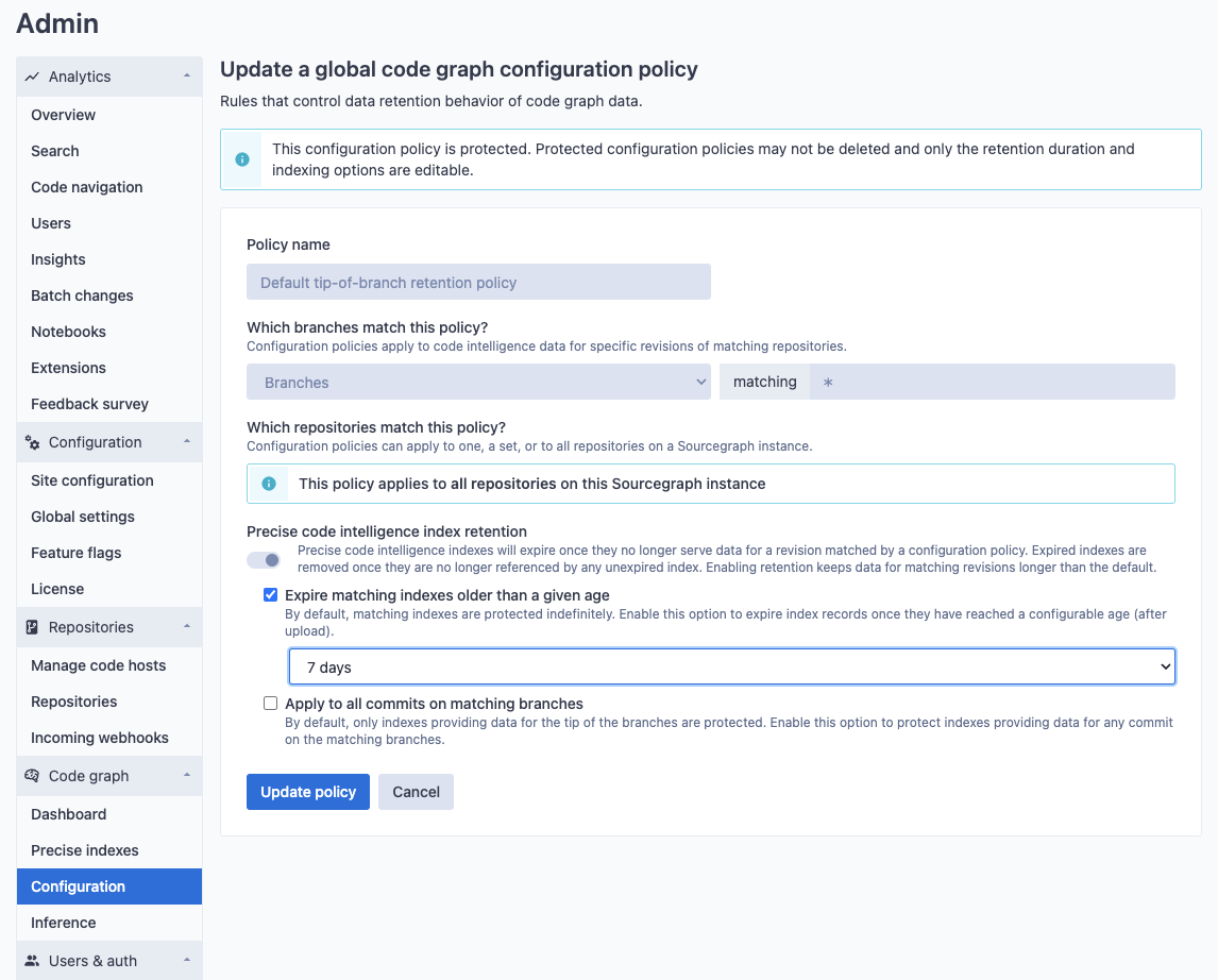 Protected global data retention policy edit page