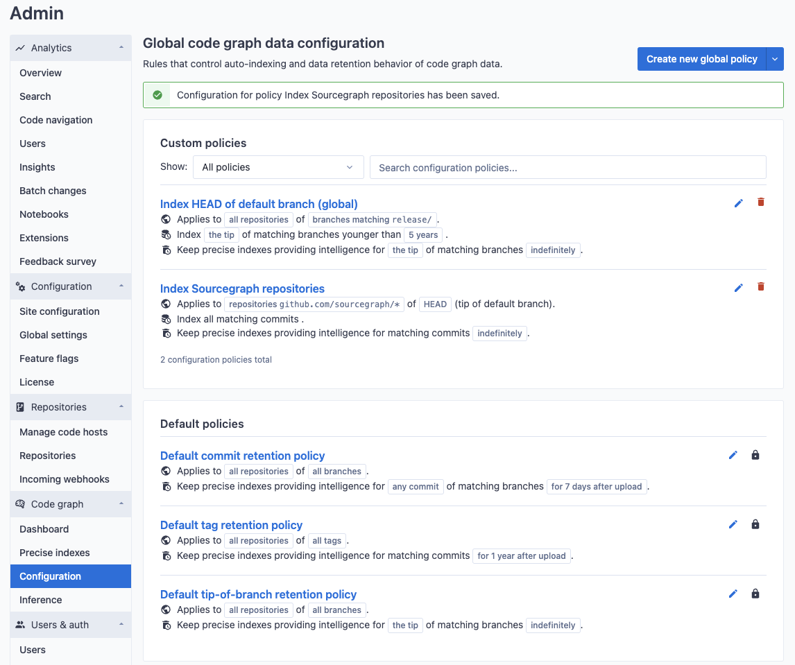 Global auto-indexing policy with repository patterns configuration created confirmation